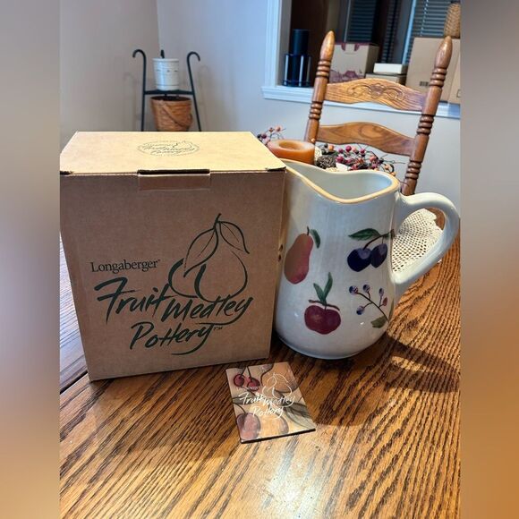 Longaberger Fruit Medley Pottery Pitcher - White with Multicolor Design NIB - Picture 1 of 5